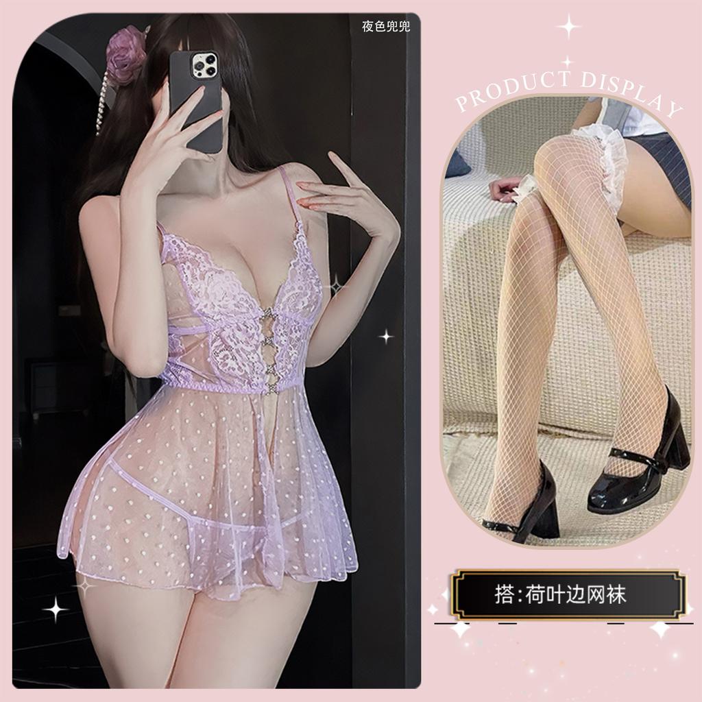 Sex Clothes Sexy Polka Dot Perspective Mesh Lace Crystal Buckle Suspender Nightdress Abstinence Suit