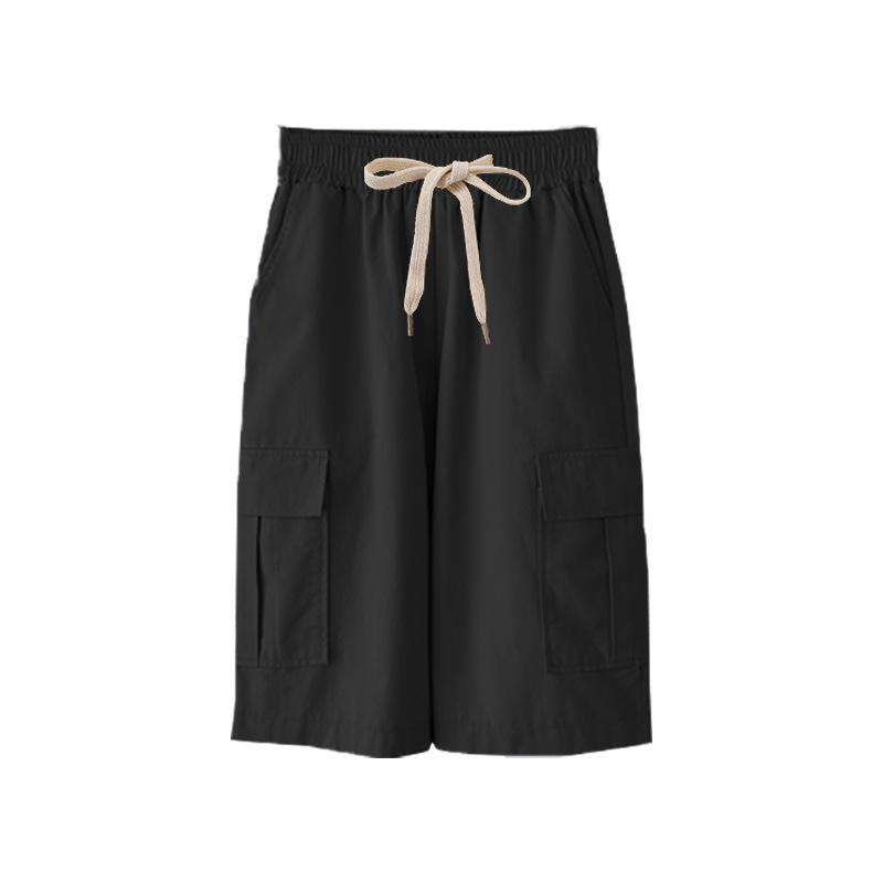 Large women s summer thin high-waisted wide-leg catties casual medium pants straight elastic-waisted overalls five-point pants M