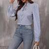 Fashion V-neck Lace-up Striped Women Long Sleeved Shirt Button-up Loose Elegant Casual Office Blouse Spring Autumn Simple Streetwear Women Clothing