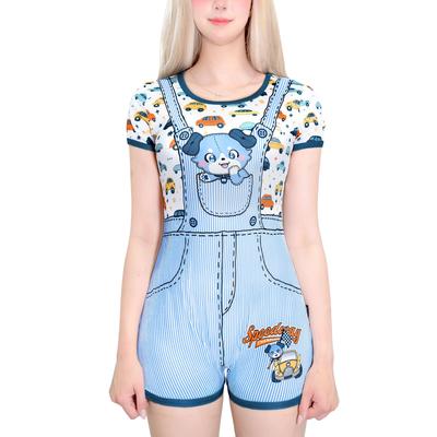[LittleForBig] Adult Romper Pajamas [Ao-chan and Racer] Fluffy Tail 2-in-1 Striped Faux Overalls Romper Blue L