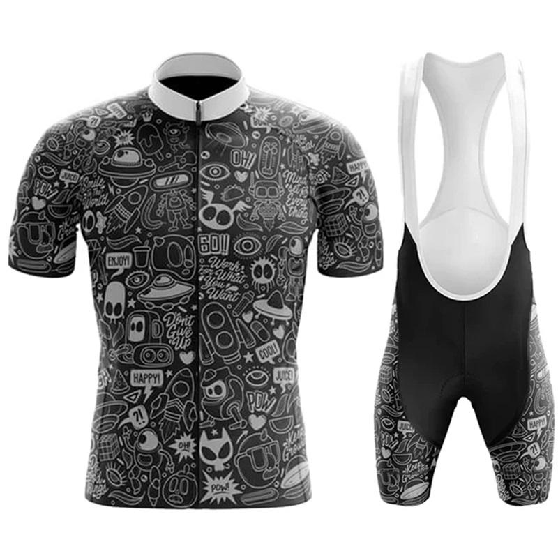 

2025 Team Cycling Jersey Set Short Sleeve Cartoon Bicycle Clothing Men Black MTB Maillot Ciclismo Bike Racing Bib Shorts Set Asian size-S