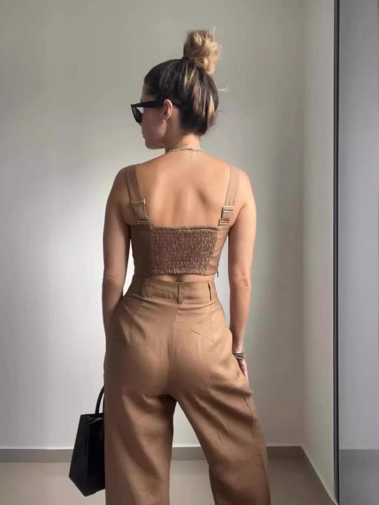 2024 Summer Women's Solid Color Square Neck Camisole and High Waist Wide Leg Pants Two-Piece Set