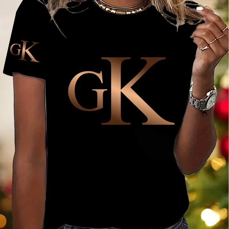 

Gradient Art Letter Double Print Pattern - Elegant and Fashionable - Women s Round Neck Pullover T-Shirt Casual Sports Short Sleeve L чорний