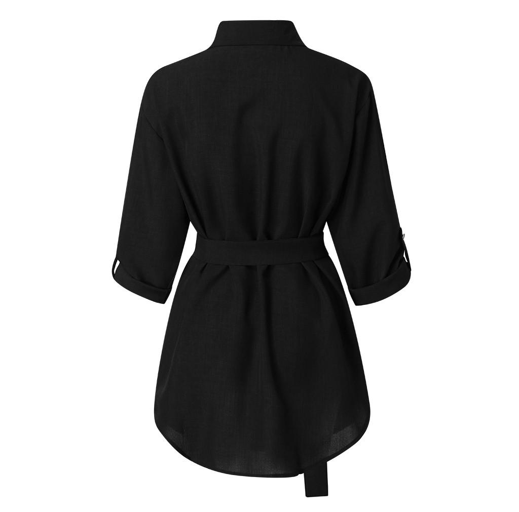 Women Autum Long Sleeve  Dress OL Belt Casual Work Plain Shirt Blouse Tops