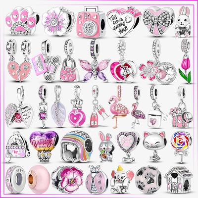 925 Sterling Silver Heart Flower Balloon Flamingo Pink Charm Plata De Ley Car Cat Bead For New Bracelet
