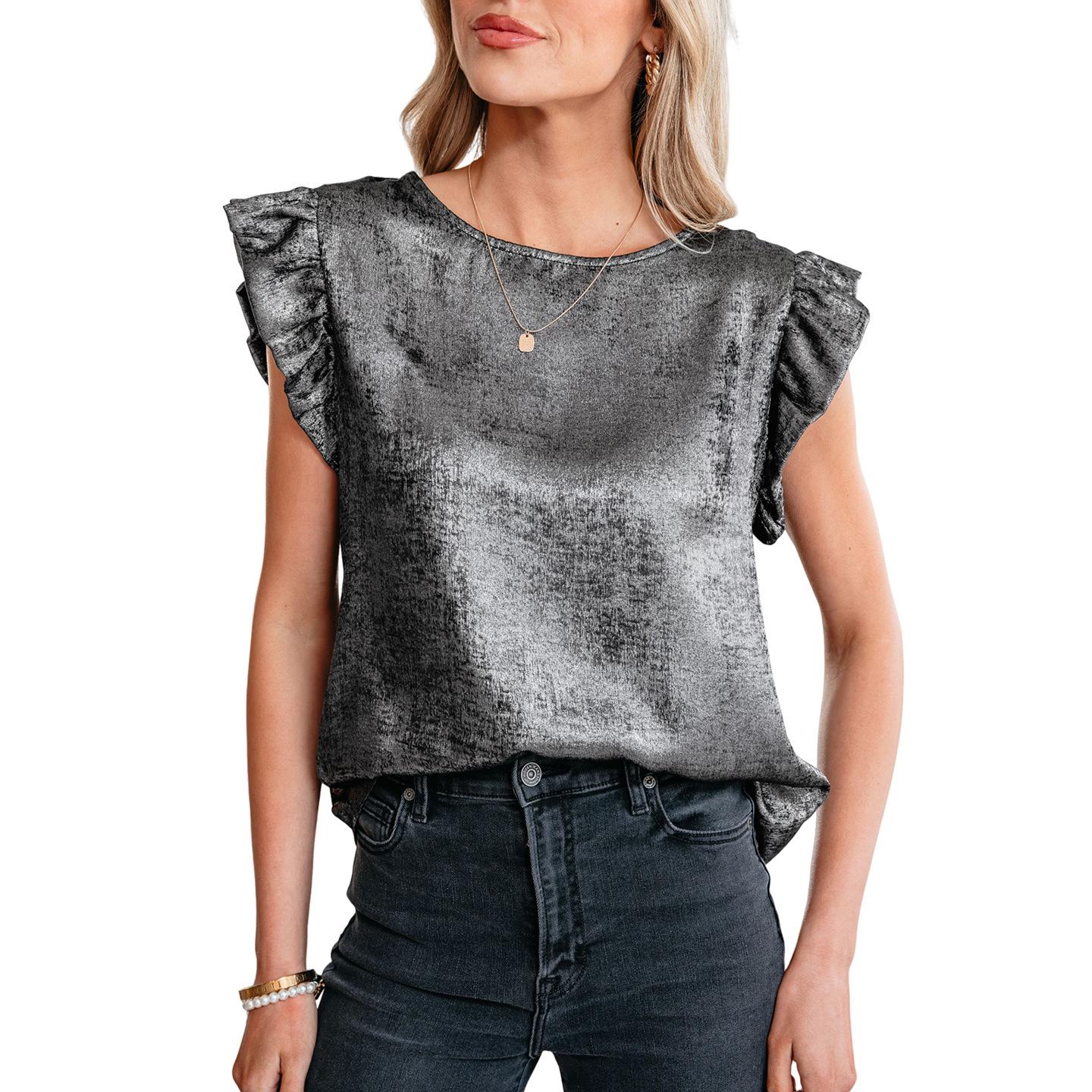 2026 Summer Women s Solid Color Round Neck Ruffle Vest – Trendy European & American Fashion Small