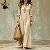 Damenmode Frühling Herbst Einfarbig Druck Langarm POLO Hals Lose Taille Casual Kleider