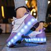 Kid's Rotating Button Wear Quick Four Wheel Running Shoes with Wheels Sports Shoes USB Charging LED Light Sports Shoes Girls Roller Skates