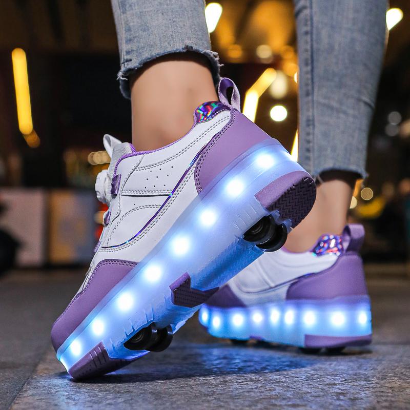 Kid's Rotating Button Wear Quick Four Wheel Running Shoes with Wheels Sports Shoes USB Charging LED Light Sports Shoes Girls Roller Skates