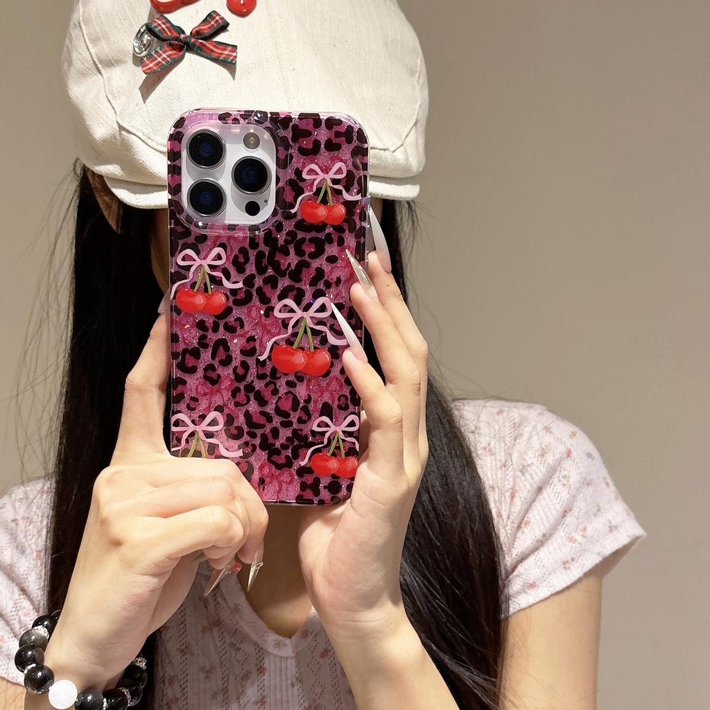 Leopard Print Cherry Mobile Phone Case for iPhone 18/17/16/15 Pro Max/13 with Chain EU/US Style Protection