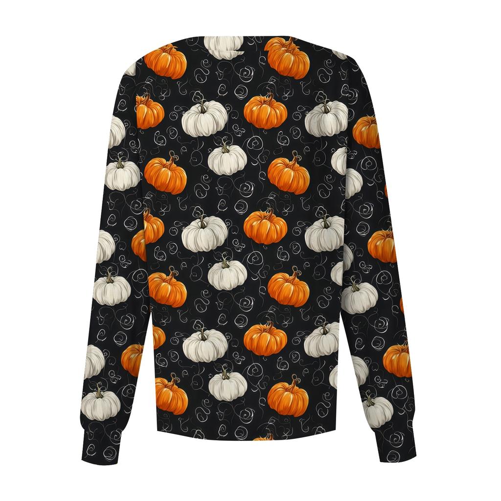 Women's Casual Long Sleeve Button Up Cardigan Halloween Print Lightweight Pullover Sweater for Caregivers and Everyday Wear