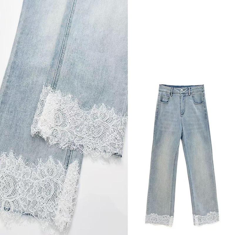 

Lace Trim High Waist Wide Leg Cropped Jeans - Autumn 2025 Fashion M синий