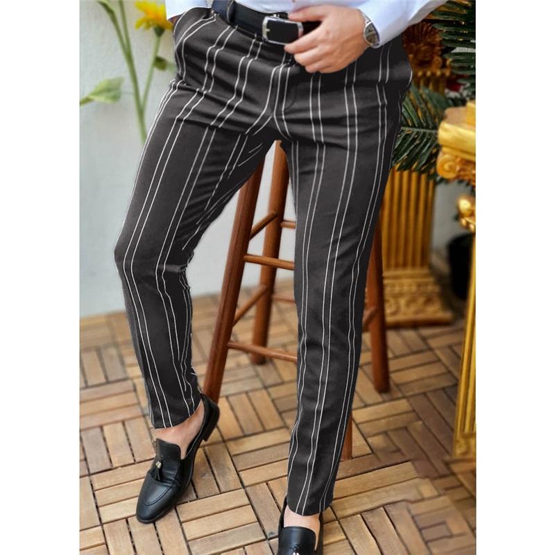 European And American Autumn And Winter Men's Printed Casual Fashion Striped Mid-waist Pencil Pants Slim Pants