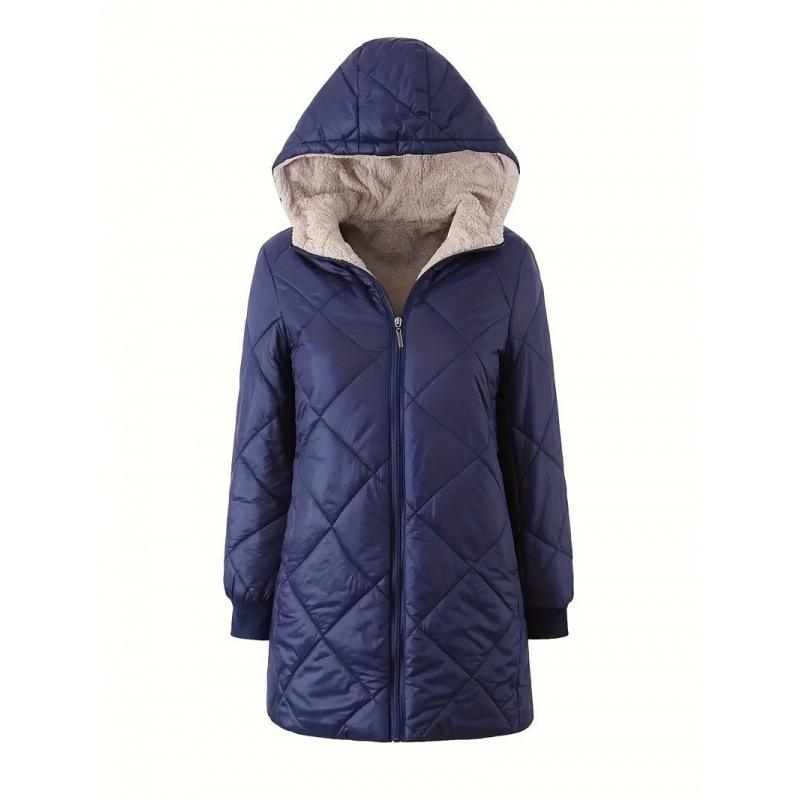 Autumn and winter new, women, loose and plush, hooded, medium to long length, cotton coat, long sleeved jacket, diamond grid, quilted cotton jacket