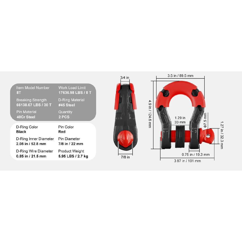 SucceBuy 2pz Grilli ad Anello a D 3/4" Ganci a U con Perni Isolatori e Rondelle 7/8" per Recupero Veicolo Fuoristrada Jeep