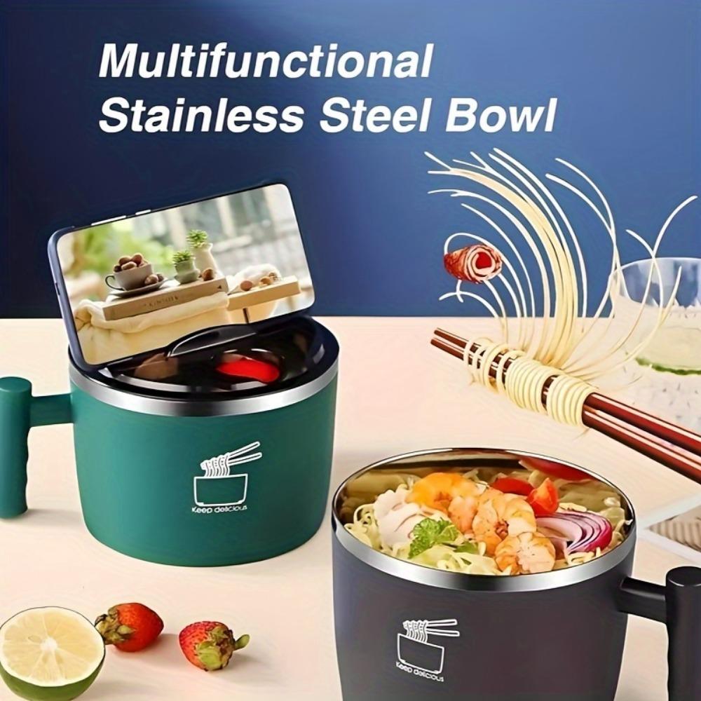 Stainless Steel Instant Noodle Bowl, Lunch Box, Student Dormitory Instant Noodle Cup with Lid, Sealed Portable Drain Bowl