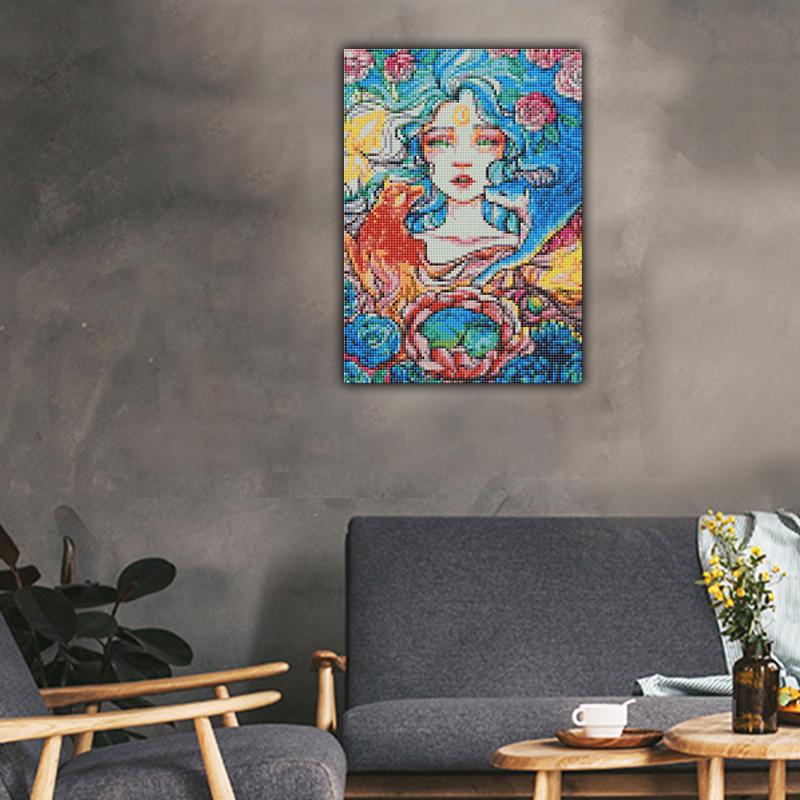 FIYO 11.8x16.73 palce Diamantová malba Plné kulaté vrtání Dívka s měsícem Kulatá diamantová malba Ručně vyráběná DIY Diamantová mozaiková malba Domácí dekorace