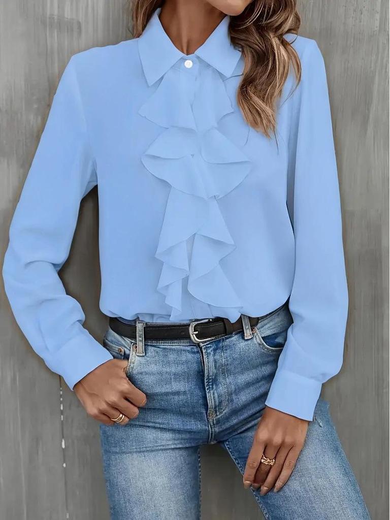 Chemise à manches longues pour femme avec col à volants, bordure champignon et design multi-boutons – Style européen et américain 2026