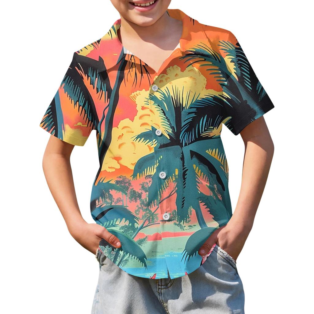 Jungen kurzärmeliges Hawaiihemd, Kinder Sommer Hemd mit Knöpfen