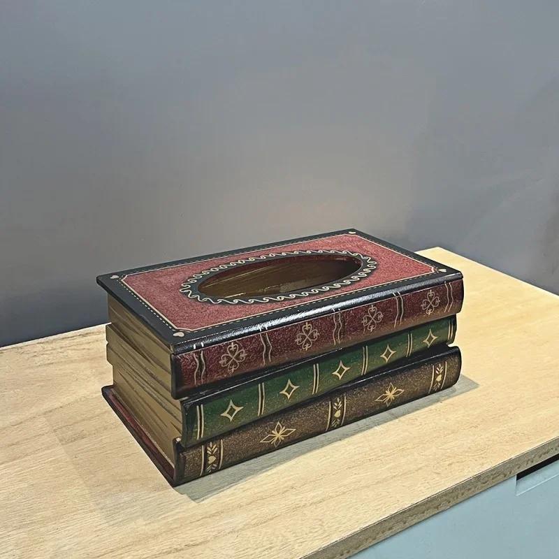 Exquisite Classical Vintage Wooden Book Tissue Box, Rectangular Napkin Holder Dispenser, Restaurant Tissue Storage Box Ornament