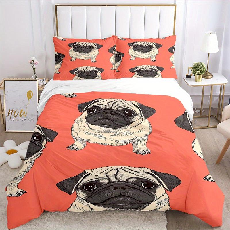 3Pcs Pug Pattern Printed Bedding Set, Breathable And Soft, Machine Washable, Christmas Gift, Suitable for Bedroom Decoration, 15152