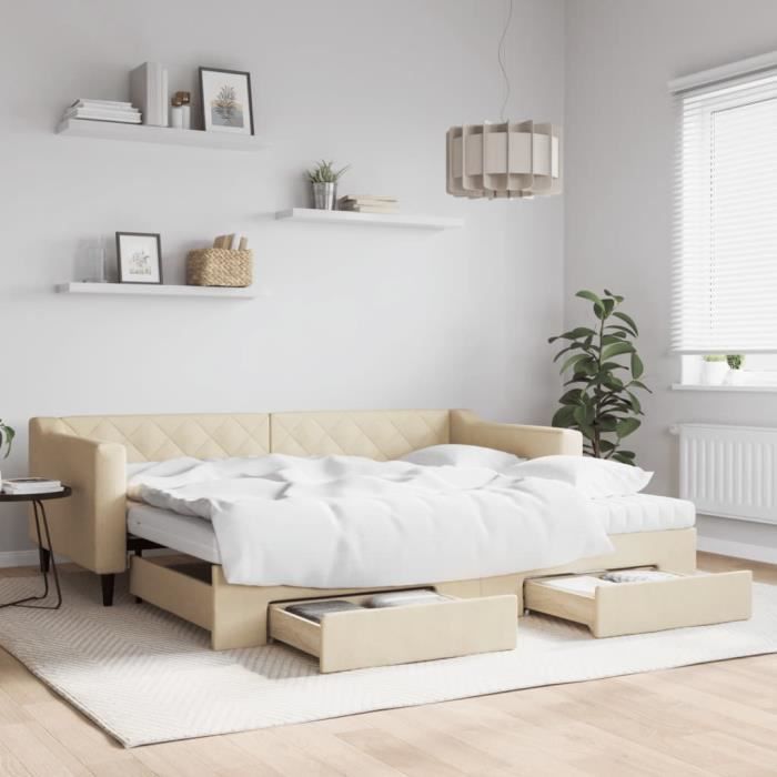 VidaXL Lit de jour avec gigogne et tiroirs crème 90x200 cm tissu 3197484