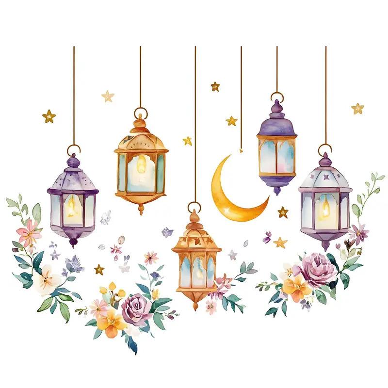Watercolor Botanical Floral Moon Pendant Light Ornament Living Room Entryway Wall Decor Middle Eastern Wall Decals