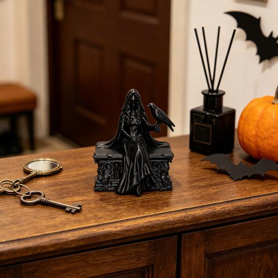 Handheld Detailed Carving 3D Printed Gothic Crow Queen Figurine, Cloaked Robe Statue with Small Style Figure Crow, Spooky Desktop Ornament for