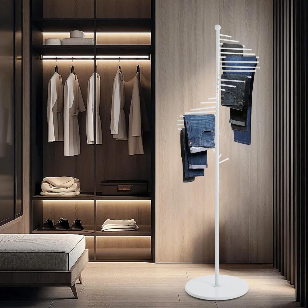 Modern White 5.58ft Floor Standing Spiral Scarf Display Rack, Adjustable Height Multi-Tiered Hanging Organizer for Scarves, Ties