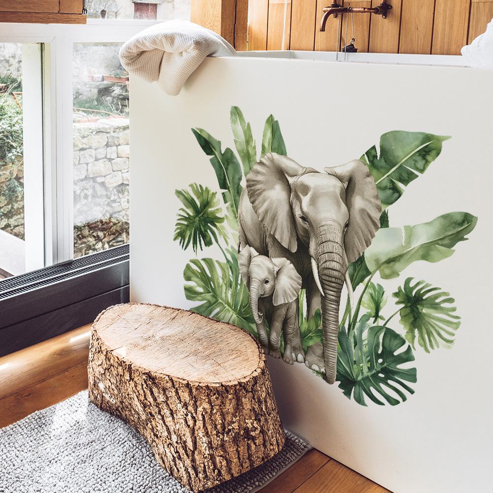 2 Pcs Jungle Leaf Parent Baby Elephant Bedroom Living Room Home Background Beautification Wall Stickers