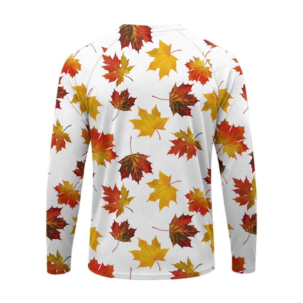 T-shirt da uomo a maniche lunghe con stampa di foglie d'acero, top casual leggero girocollo per autunno e inverno