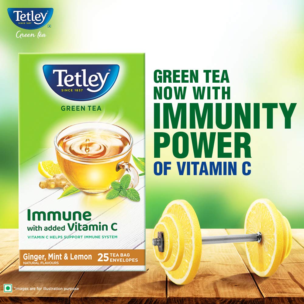 Tetley Green Tea Immune 25 Tea Bags, Vitamin C with Ginger Mint Lemon, Decaf Antioxidant Herbal Blend for Hydration and Daily Wellness