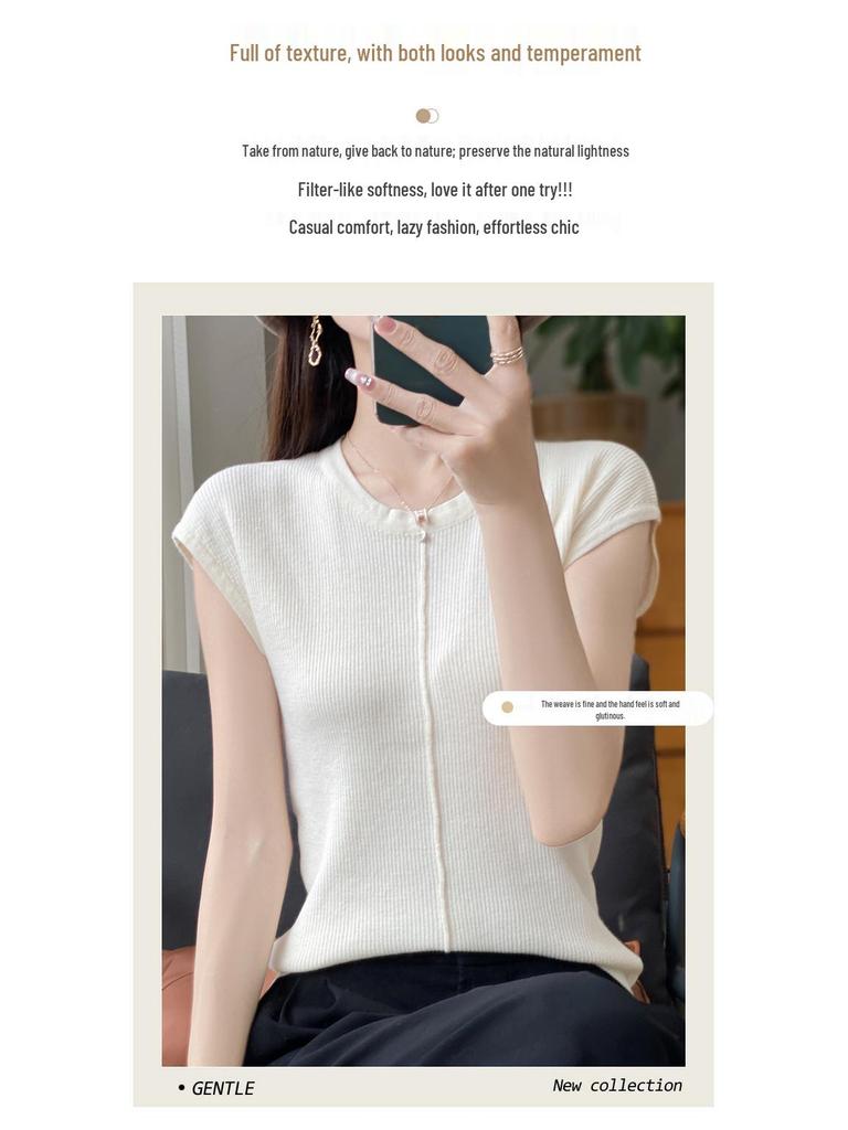Merino Wool Women's Short Sleeve Round Neck Knit Top with Center Seam