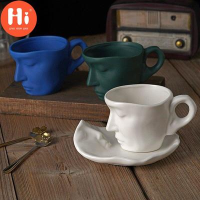 Hola Juego de Taza y Platillo de Café de Cerámica Diseño Creativo de Arte Abstracto Colores Macarrón Mate Taza de Café para el Té de la Tarde Vajilla de Cocina