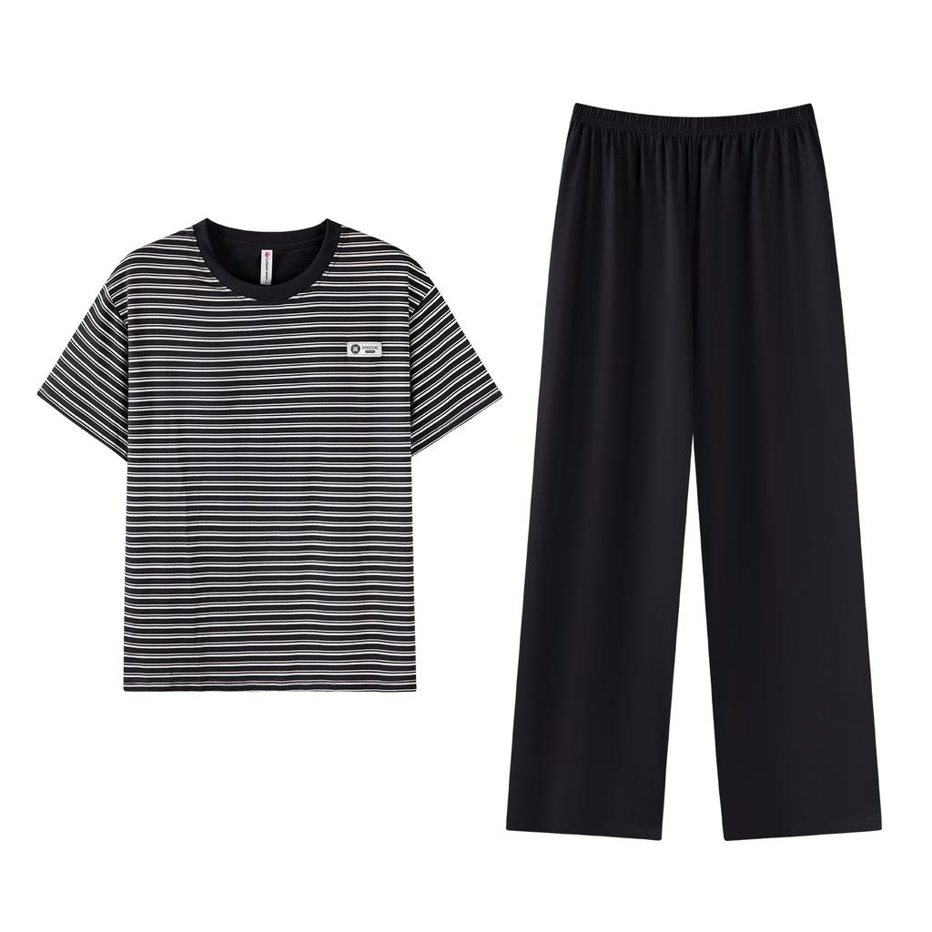 Modal cotton loose large size striped loungewear two-piece set women's summer can be worn outside with chest pad thin pajamas