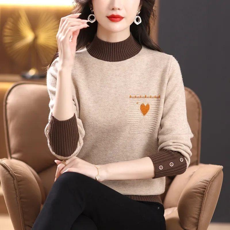 Pulover tricotat cu textura cu nervuri - Pulover la modă pentru femei - Mânecă lungă cu gât fals, ținută casual perfectă pentru toamnă și iarnă