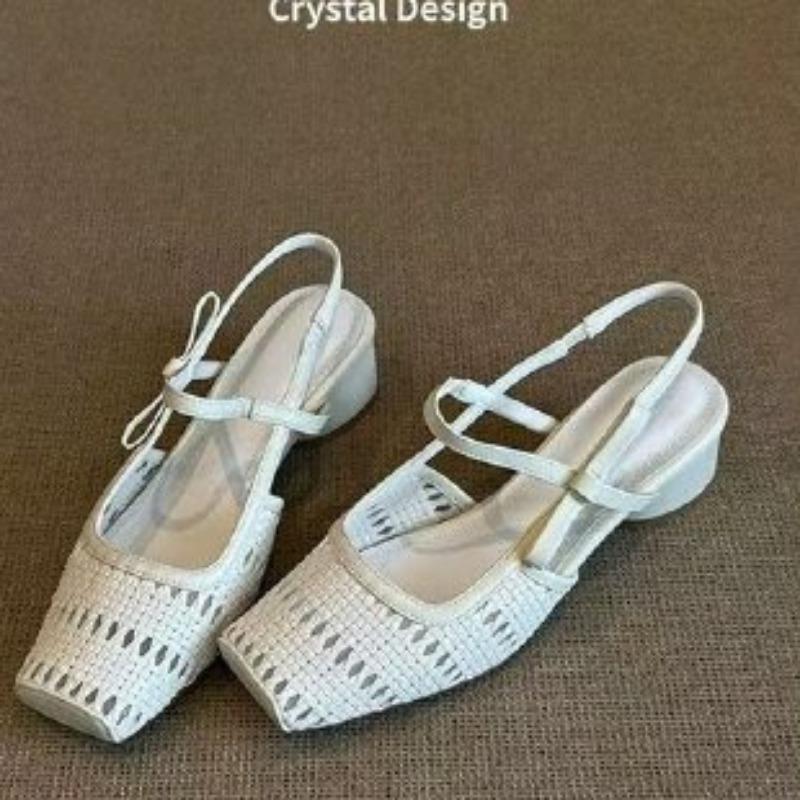

Fashion French Retro Ballet Single-shoe Women s Fashionable Woven Breathable One-line Sandals with Bows and Thick Heels 40 белый