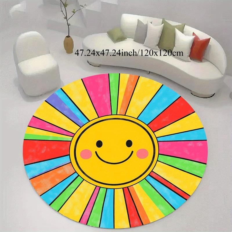 Rainbow Sun Smiley Face Round Carpet Flannel Soft Kids Room Decor Play Area Rug Floor Mat Home Office Bright Cheerful Gift