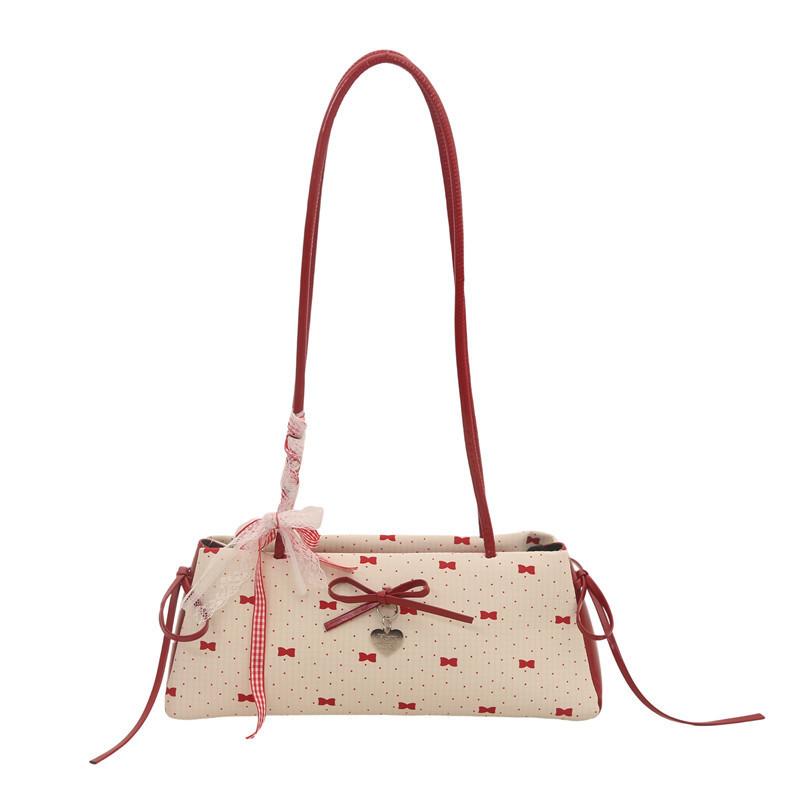 Korean Version Ins Bow Baguette Bag Casual Versatile Fashion Polka Dot Shoulder Bag Portable Commuter Bag Underarm Bag Women