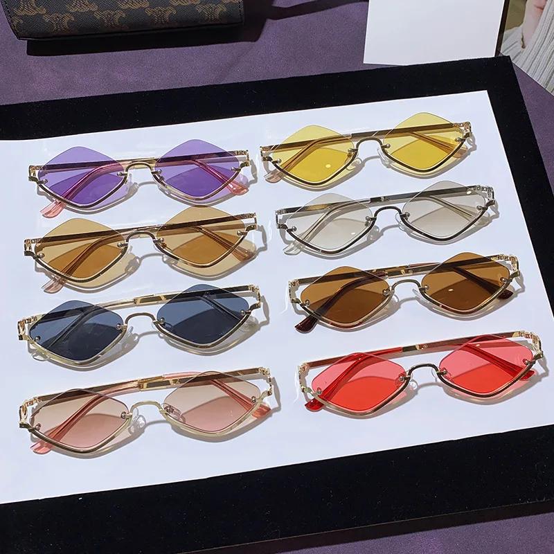 Fashion Metal Half Frame Diamond Sunglasses for Men Women Trendy Small Frame UV Protection Glasses