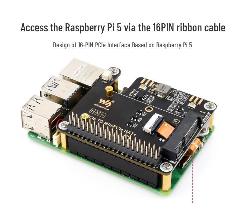 Raspberry Pi 5th Gen PCIe to MiniPCIe HAT Adapter for Wireless Network & USB Bluetooth (Driverless)