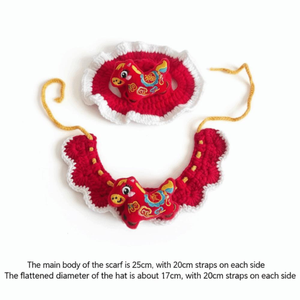 Red Color Horse Year Pet Set Knitted Material Adjustable Design Cat New Year Scarf Comfortable Collar Cartoon Style Pet Scarf