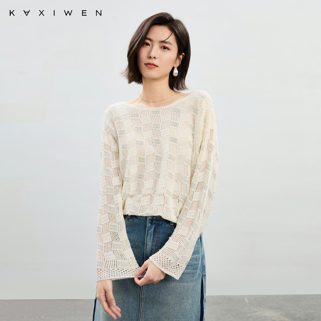 Qianwen Design Sense Linen Knitted Shirt 2025 Spring New Elegant Geometric Hollow out Hot Diamond Hooded Top for Women