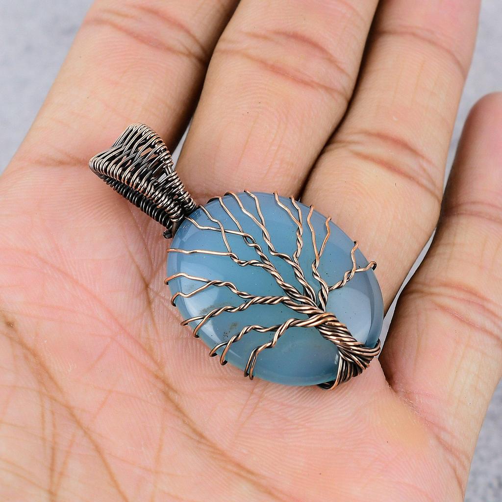 Blue Chalcedony 999 Copper Wire Wrapped Pendant, Handmade Gemstone Pendant Jewelry, Gifts For Wife Brand New Pendant