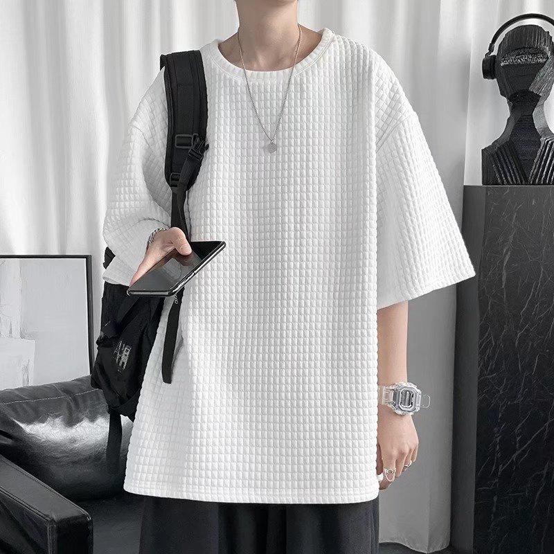 Men's Solid Color Waffle T-Shirt, Hong Kong Style, Short-Sleeved, Korean Trend, Loose Fit, Five-Point Sleeve.
