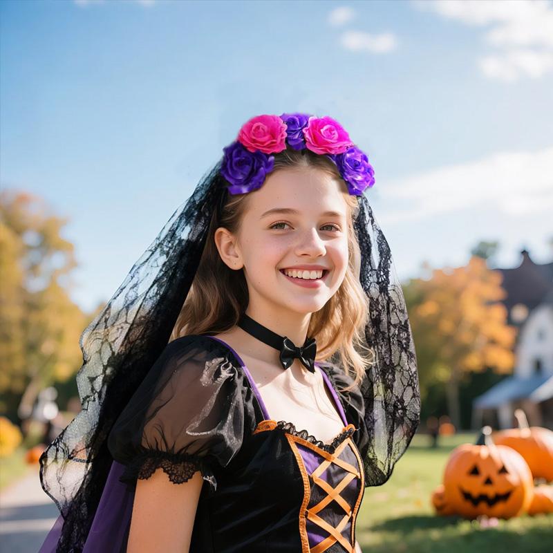 1PC Halloween Simulation Flower Cosplay Prop For Women Girls Headwear Costume Cosplay Rose Headband Lace with Black Veil