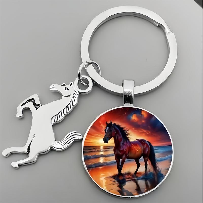 Animal Running Horse Keychain Exquisite Steed Pattern Glass Cabochon Keychain Men'S Charm Keyring Gift