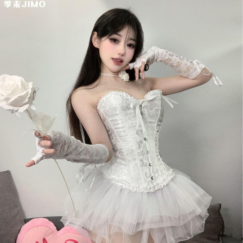 Ballet Swan*Purely Desirable Waist-cinching Corset Top, Slim-fit Lace Corset Paired with a Tutu Skirt Uniform Set for Women