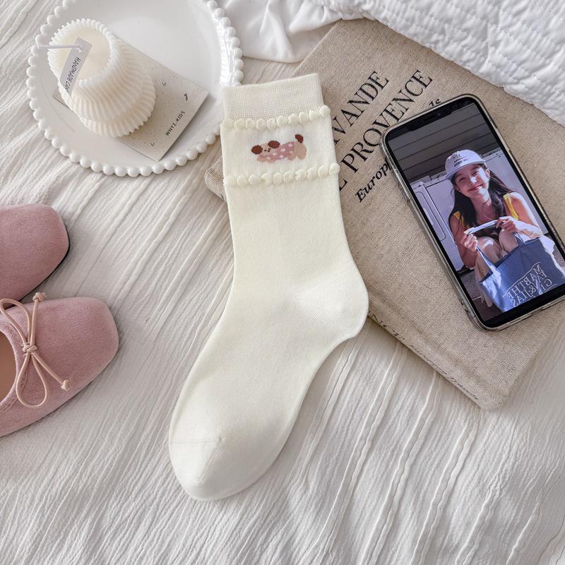 

Женские носки в корейском стиле, розовые, с вышивкой, с мультяшным щенком, до середины икры - Хлопковые, с цветовыми блоками, в стиле академии One Size