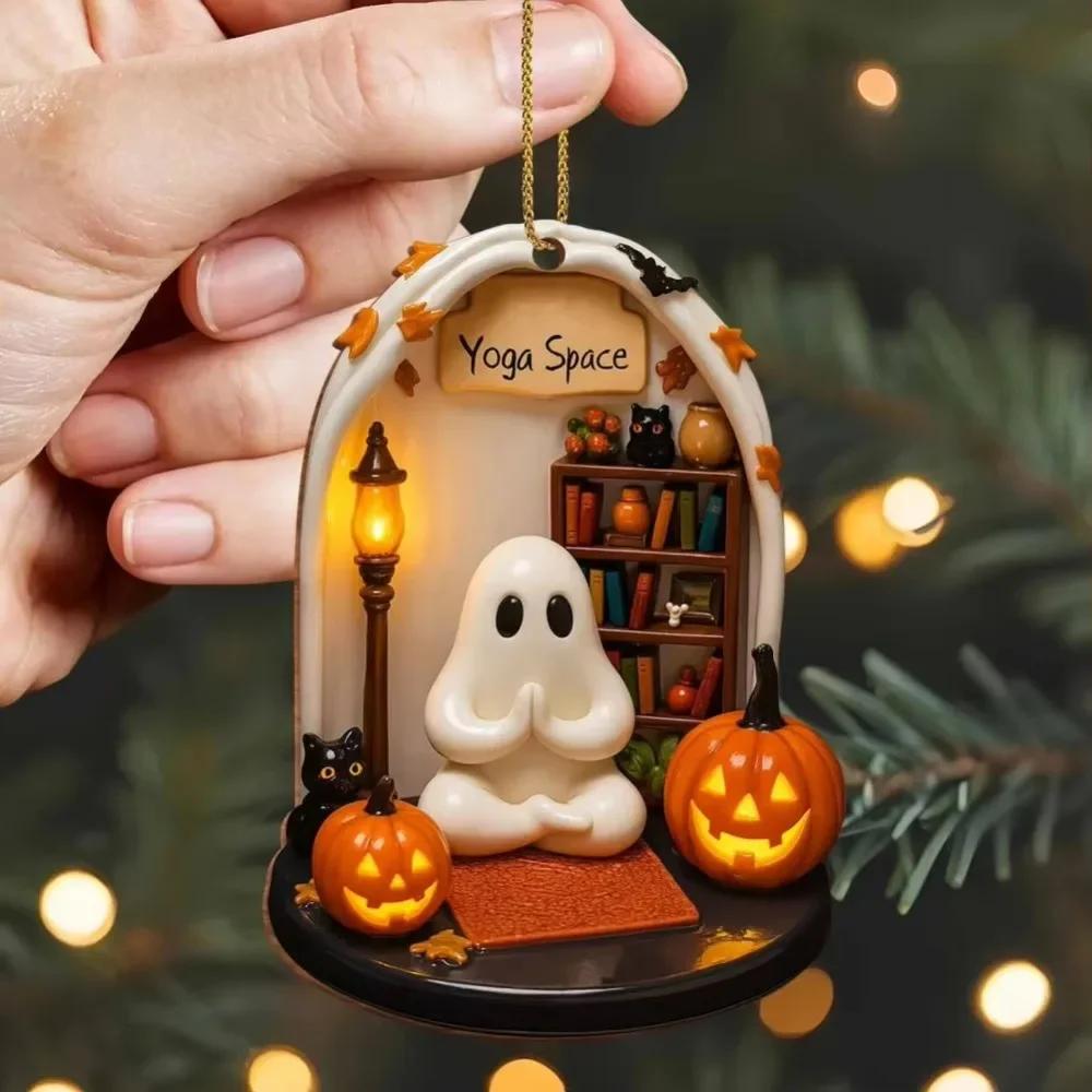 

High Quality Cute Reading Ghost Halloween Ghost Ornaments 2D Flat Acrylic Pendant Halloween Spooky Decorations Party Supplies